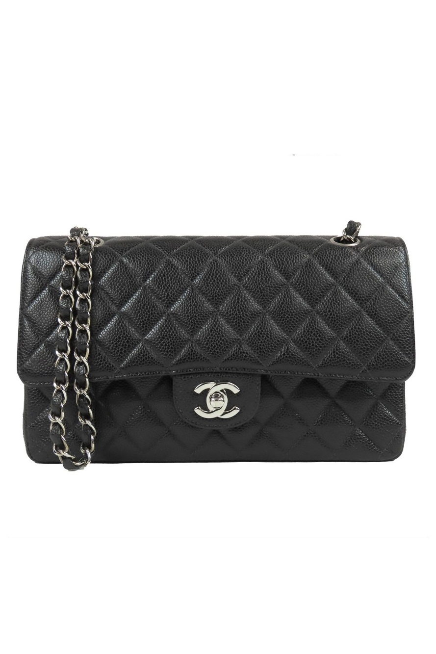 Chanel Classic Black Caviar Leather Quilted 25 Double Flap Chain Shoulder Bag